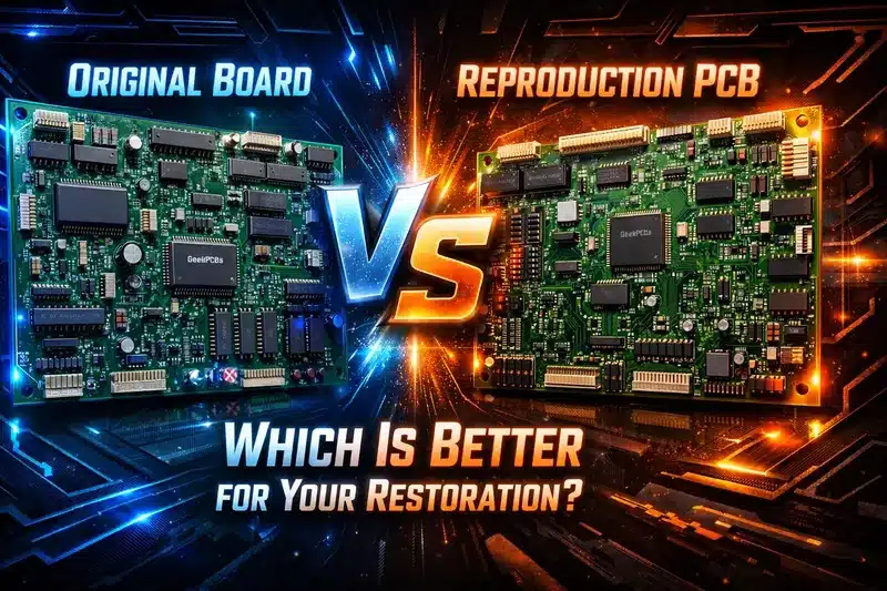 Original board vs reproduction pinball PCB comparison for restoration