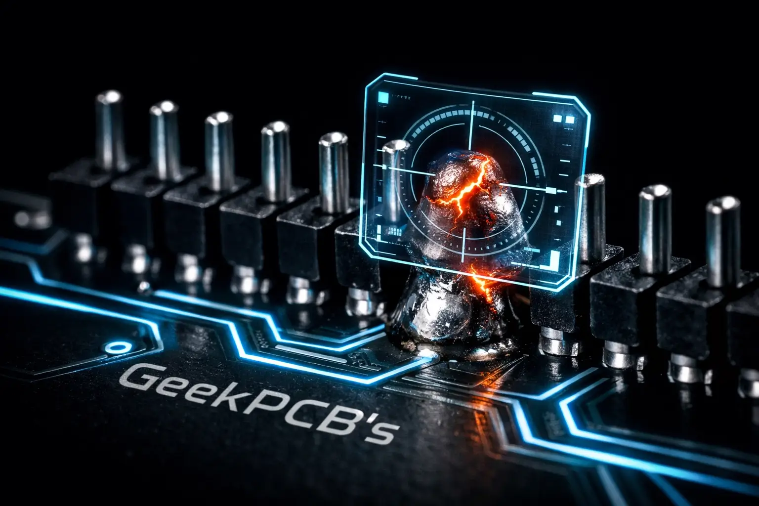 Close-up of a cracked solder joint on a Williams pinball machine display circuit board header.