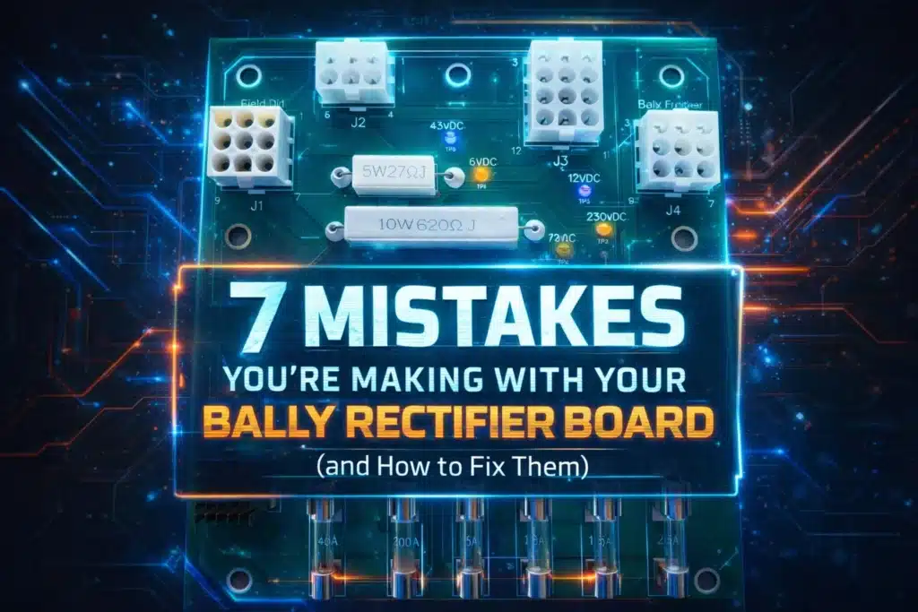 bally as-2518-54 rectifier board highlighting common failure areas around fuses, headers, and bridge rectifiers