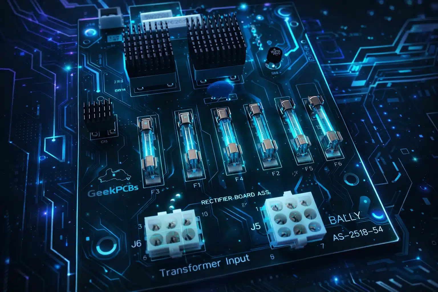 Bally Rectifier Board AS-2518-54 bottom view, enhanced with GeekPCBs neon tech effects