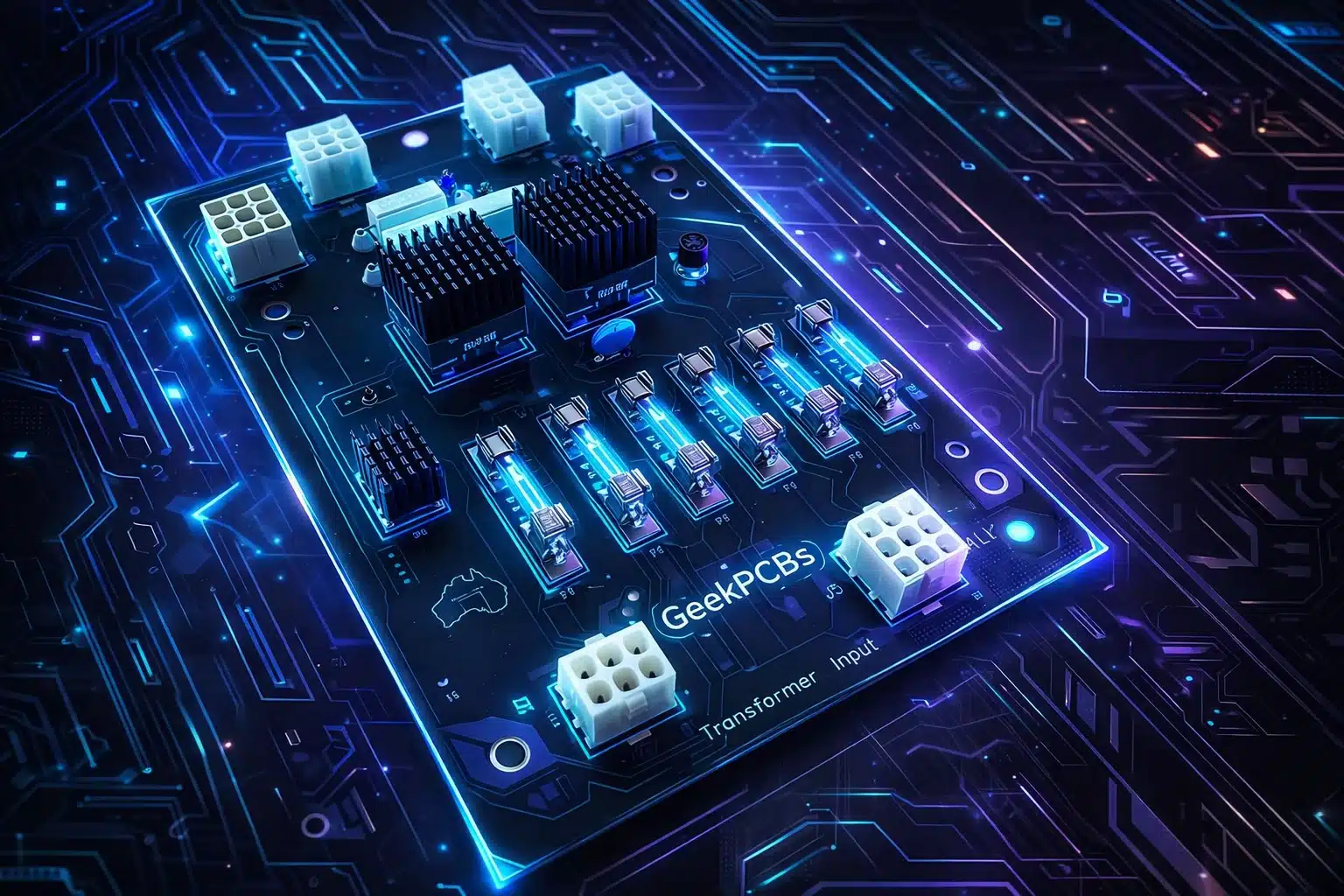 Bally Rectifier Board AS-2518-54 left angle view, enhanced with GeekPCBs neon tech effects