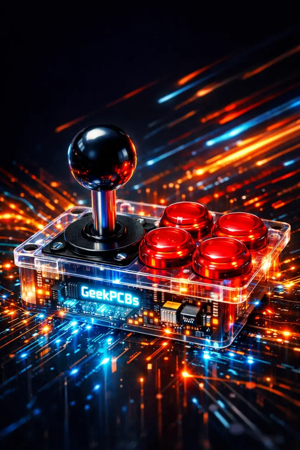 Retro arcade joystick and buttons powered by modern GeekPCBs circuit board technology.
