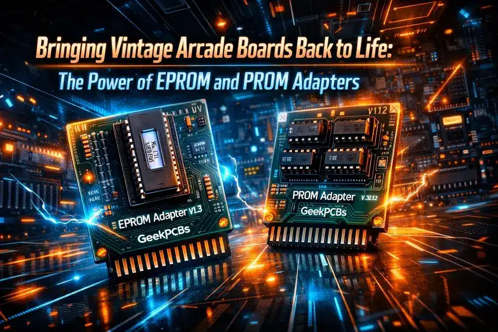 EPROM and PROM adapter installed on a vintage arcade PCB to replace failing original ROM chips