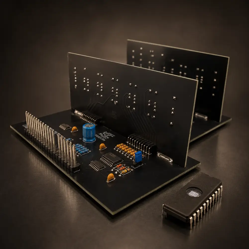 EPROM chip beside modern SMD circuit board showing classic and modern PCB technology