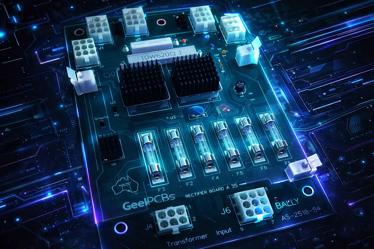 Bally Rectifier Board AS-2518-54 with plastic top cover, enhanced with GeekPCBs neon tech effects