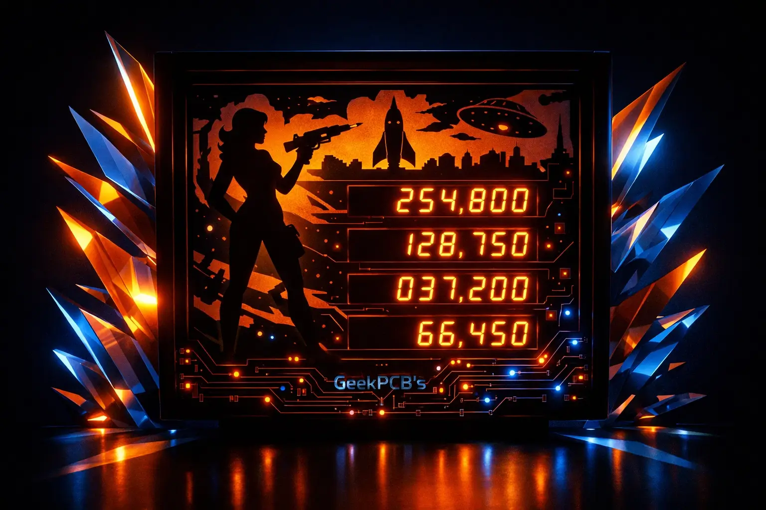 Restored vintage pinball machine backglass illuminated with crisp orange LED score displays.