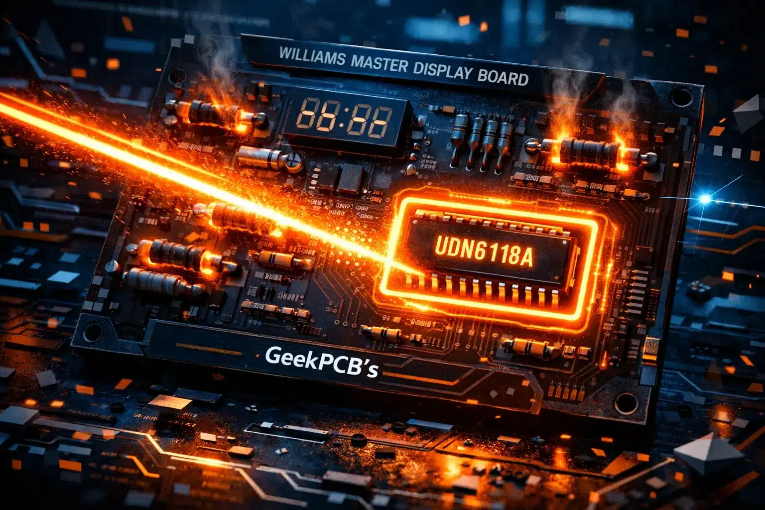 Williams Master Display Board featuring scorched resistors and a UDN6118A segment driver chip.