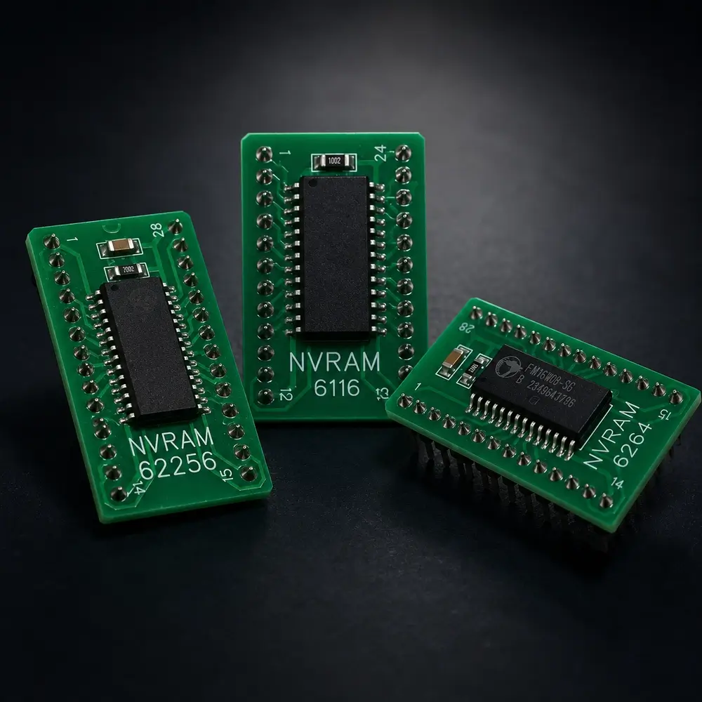 Three green NVRAM replacement PCB modules for 6116, 62256 and 6264 RAM cross reference guide